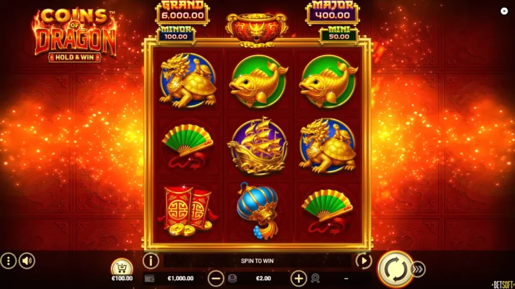 Tampilan visual slot Coins of Dragon – Hold & Win dengan tema naga emas.