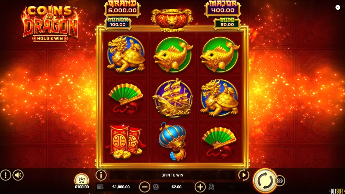 Tampilan visual slot Coins of Dragon – Hold & Win dengan tema naga emas.