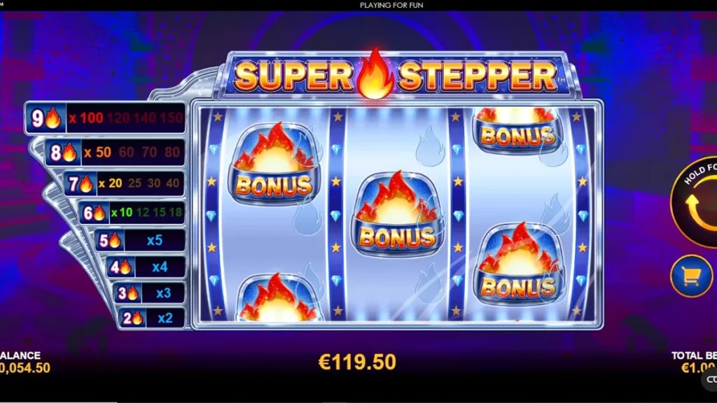 Tampilan visual slot Super Stepper dengan tema neon cyberpunk dan grid 3x3